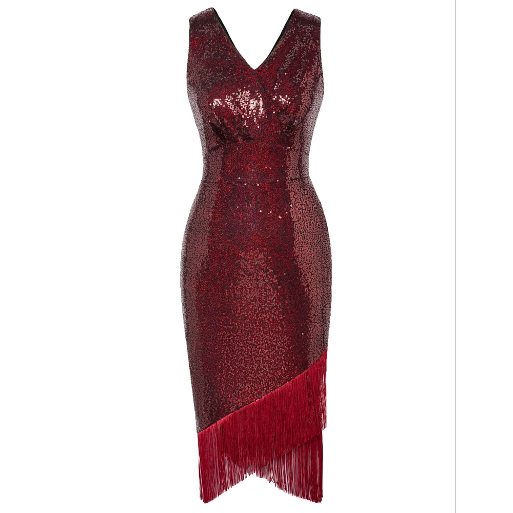 NWT - Red Sequined Tassel Decorated Wrap Hem Cocktail Dress - Size XL